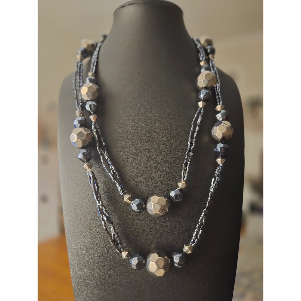 Beaded Gunmetal Rhinestone Necklace Vintage